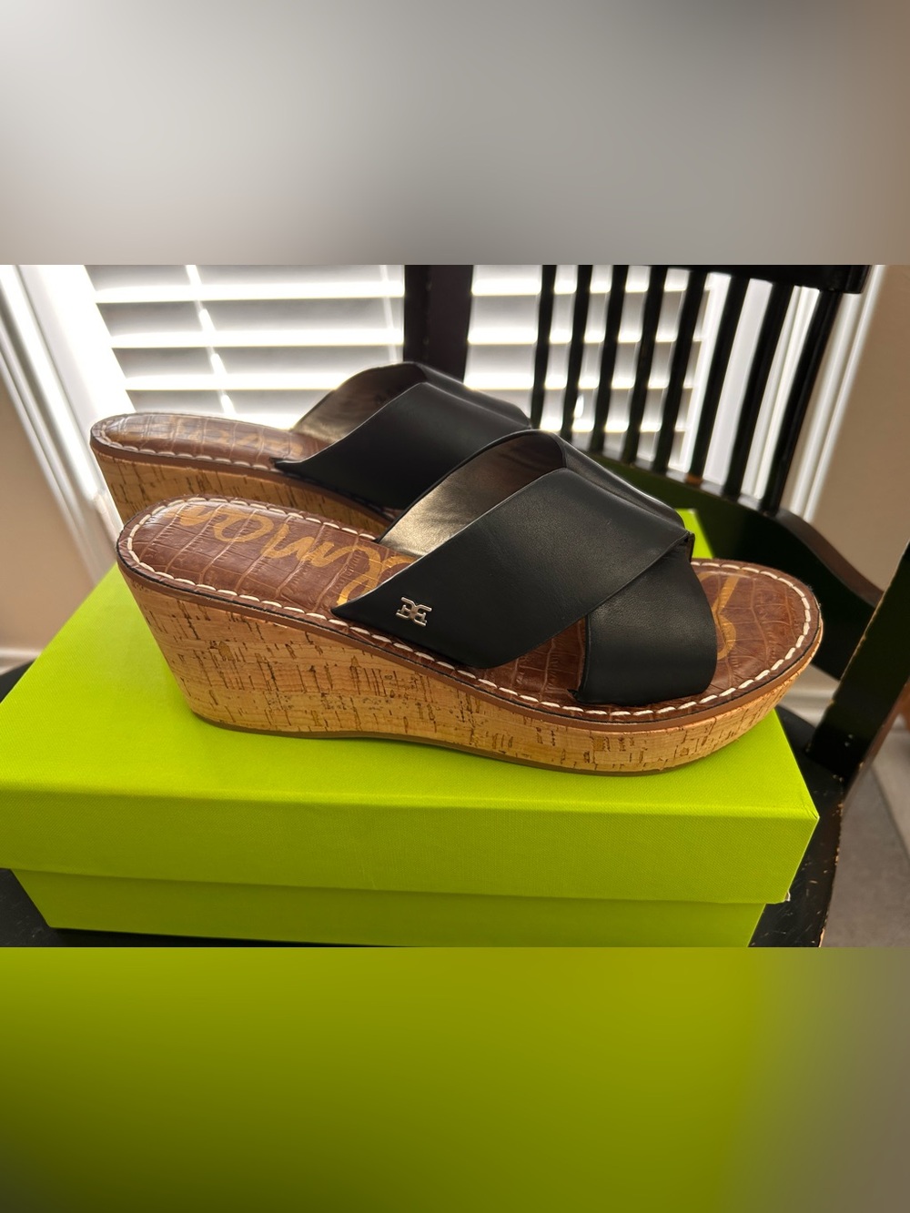 Sam Edelman Remini Black Leather Crossband Cork Wedge Sandal